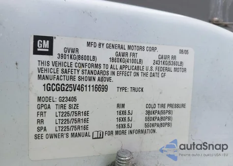 2006 Chevrolet Express Work Van z USA, uszkodzony, nr VIN 1GCGG25V461116699